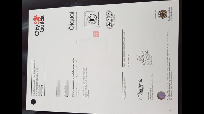 Fake City Guilds NVQ level 3 certificate